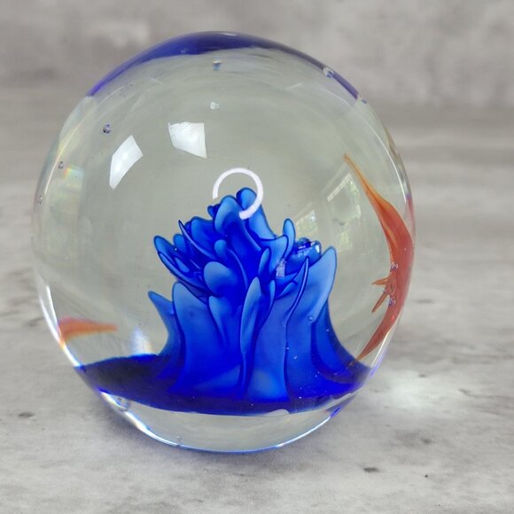 Hand Blown Glass Paperweight Aquarium Orange Fish Blue Coral Art Decor 3" Sphere - Picture 2 of 7